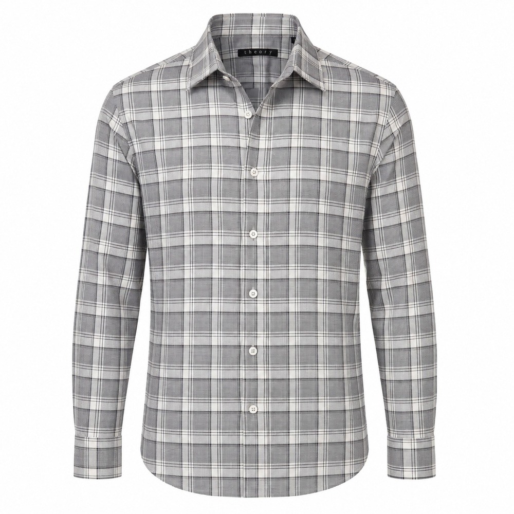 Theory Mens Plaid Button Down Shirt Grey White Cotton/Linen Regular Fit Size L